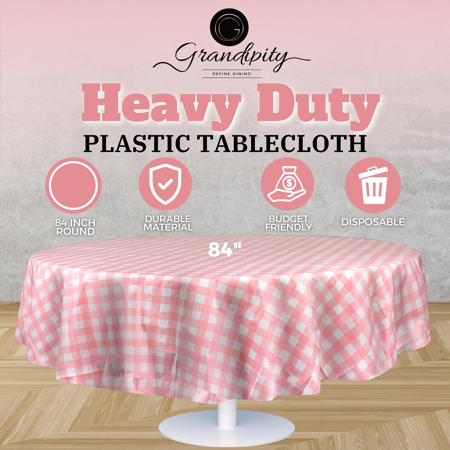 Pink Checkered Gingham Premium Round Plastic Table Cover