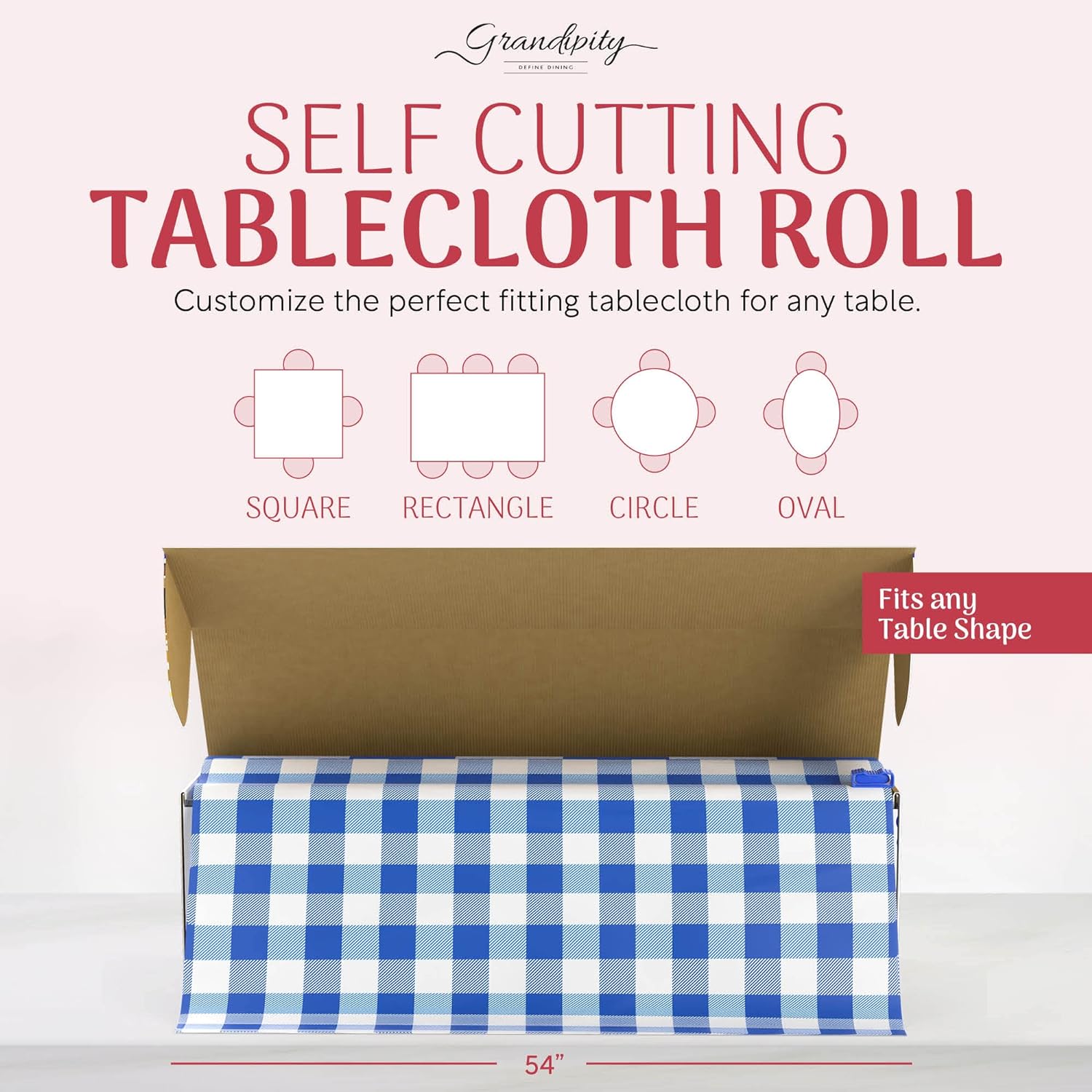 Blue Gingham Self-Cutting Plastic Table Cover Roll
