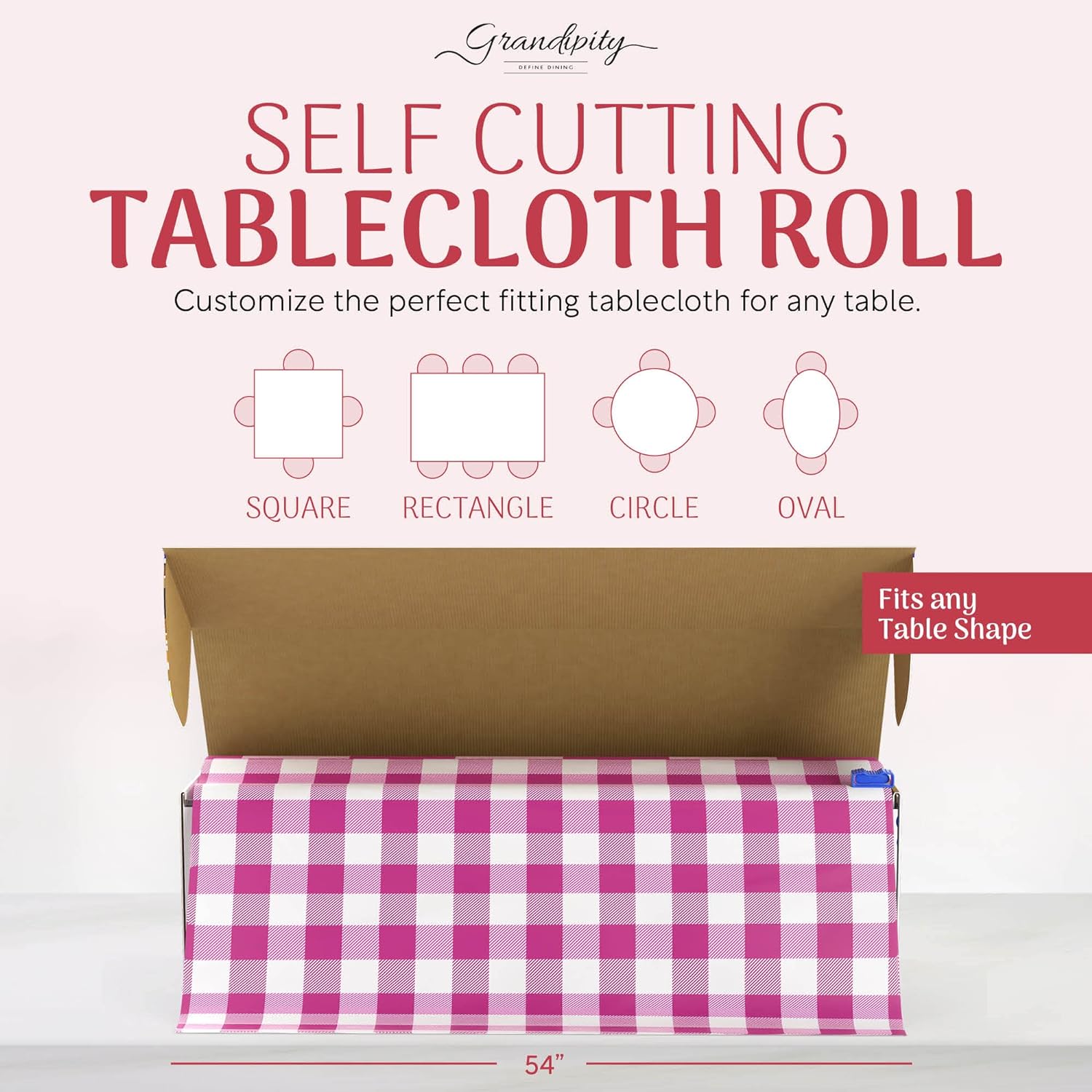 Pink Gingham Self-Cutting Plastic Table Cover Roll