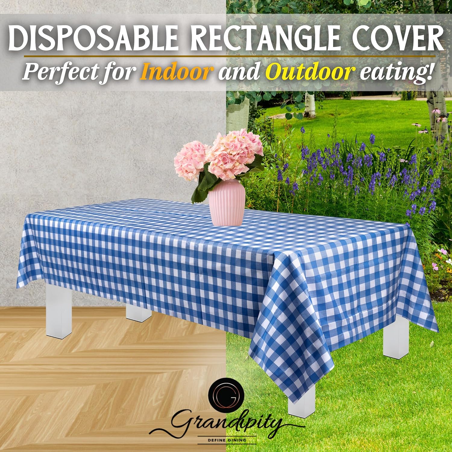 Blue Gingham Checkered Premium Rectangle Plastic Table Cover