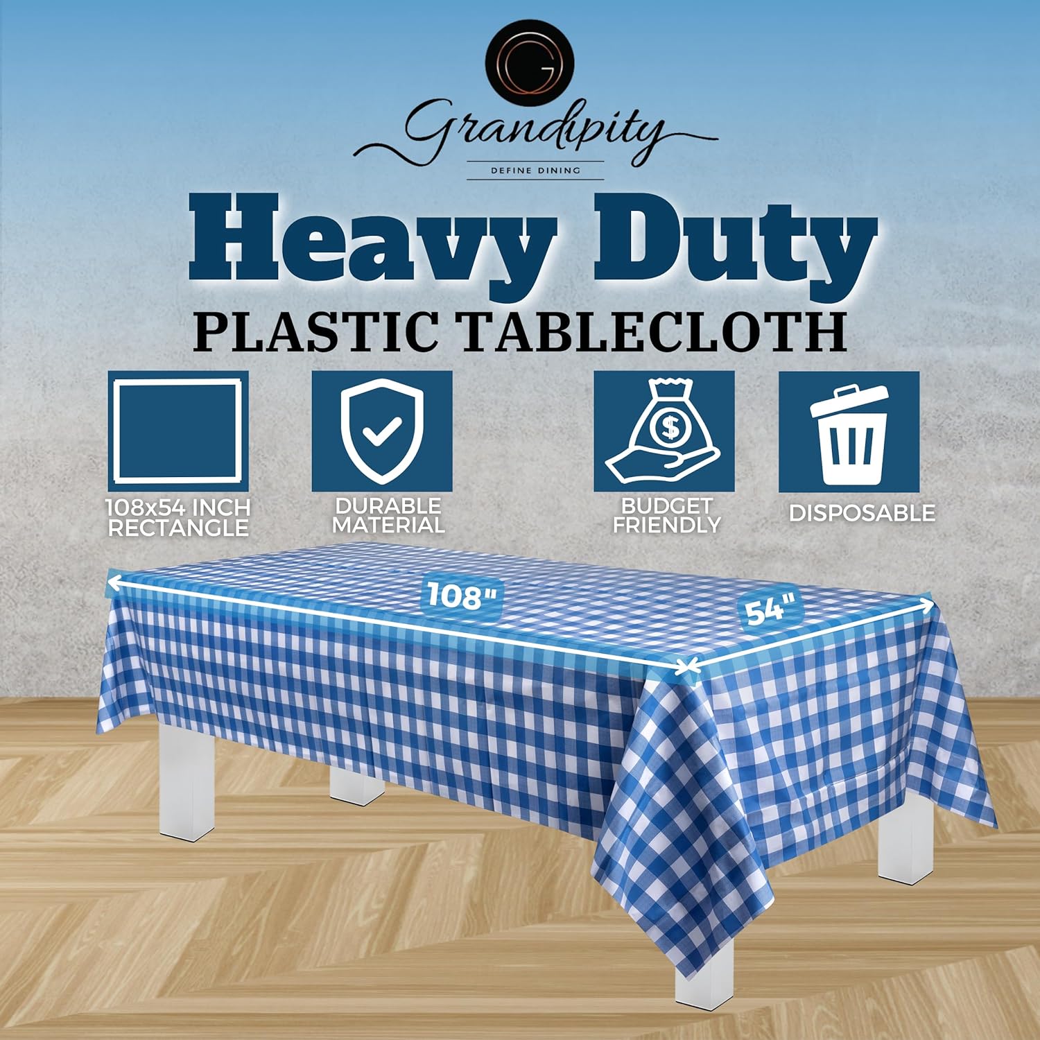 Blue Gingham Checkered Premium Rectangle Plastic Table Cover