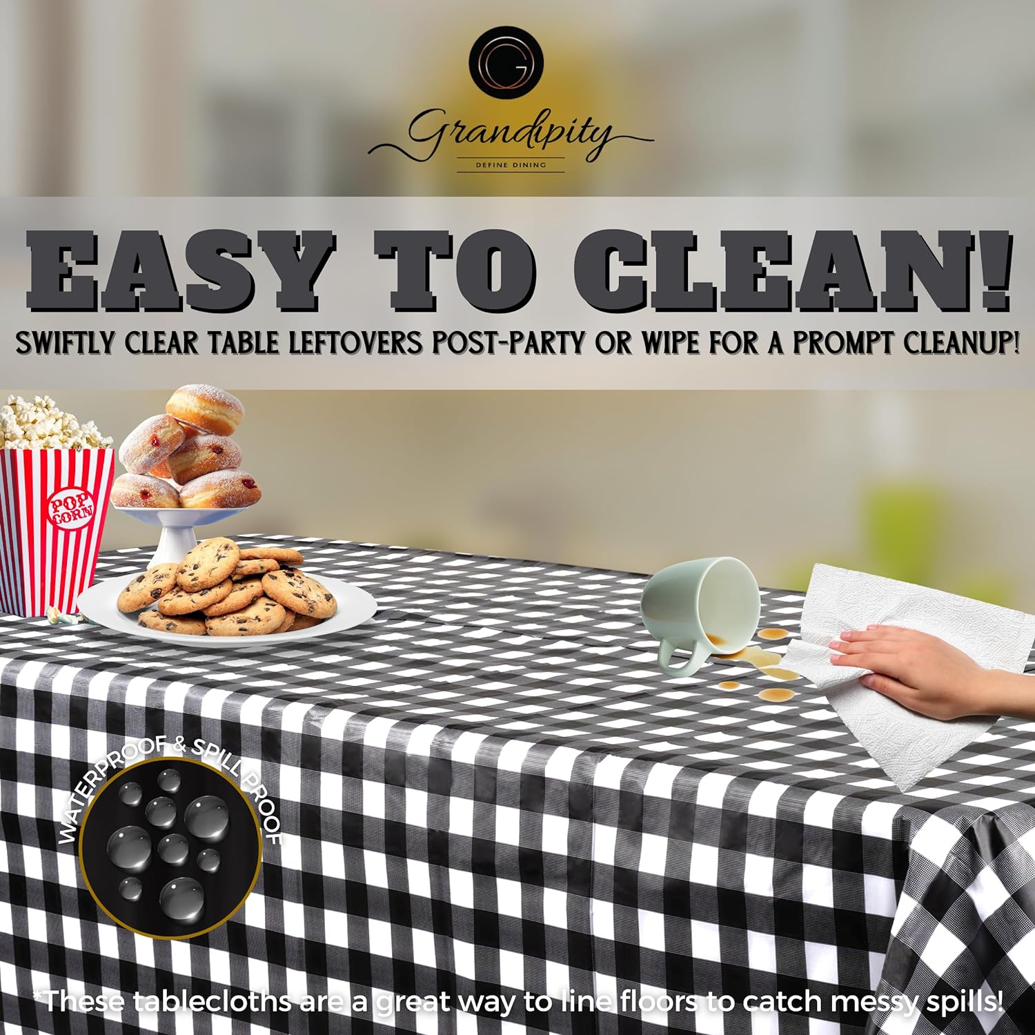Black Gingham Checkered Premium Rectangle Plastic Table Cover