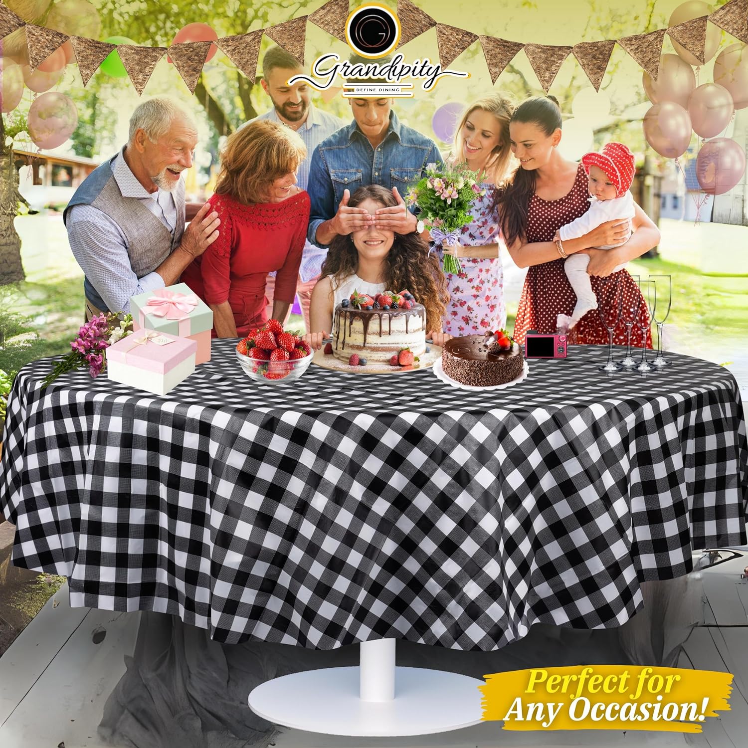 Black Gingham Premium Round Plastic Table Cover