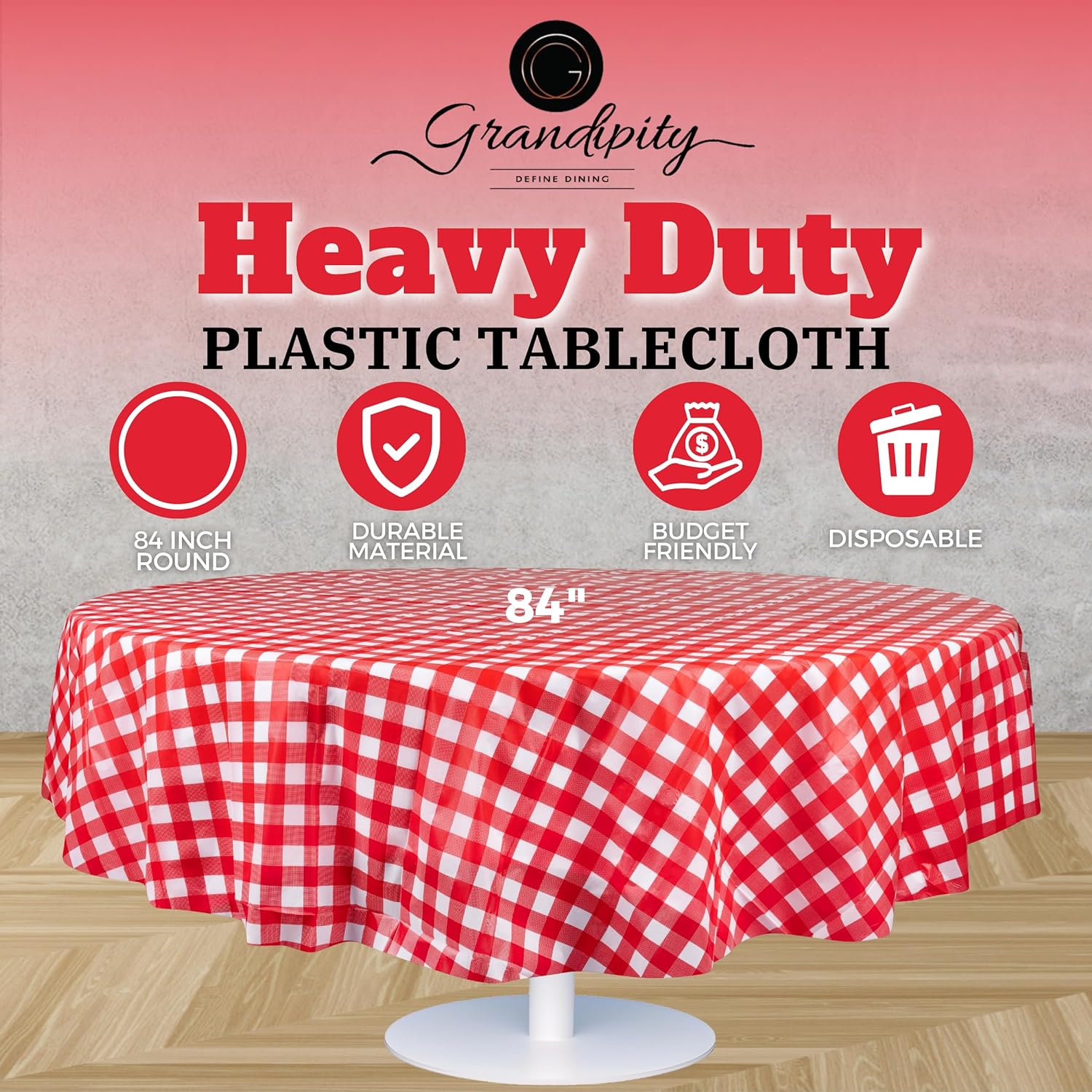 Red Gingham Premium Round Disposable Plastic Table Cover