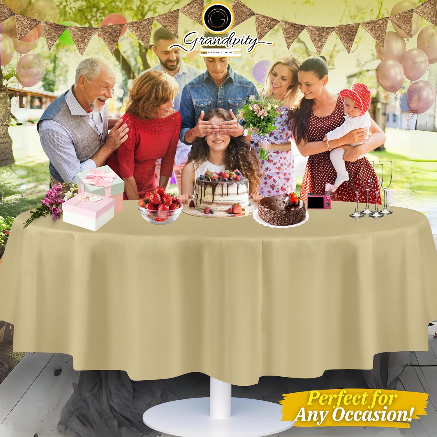 Beige Premium Round Plastic Table Cover