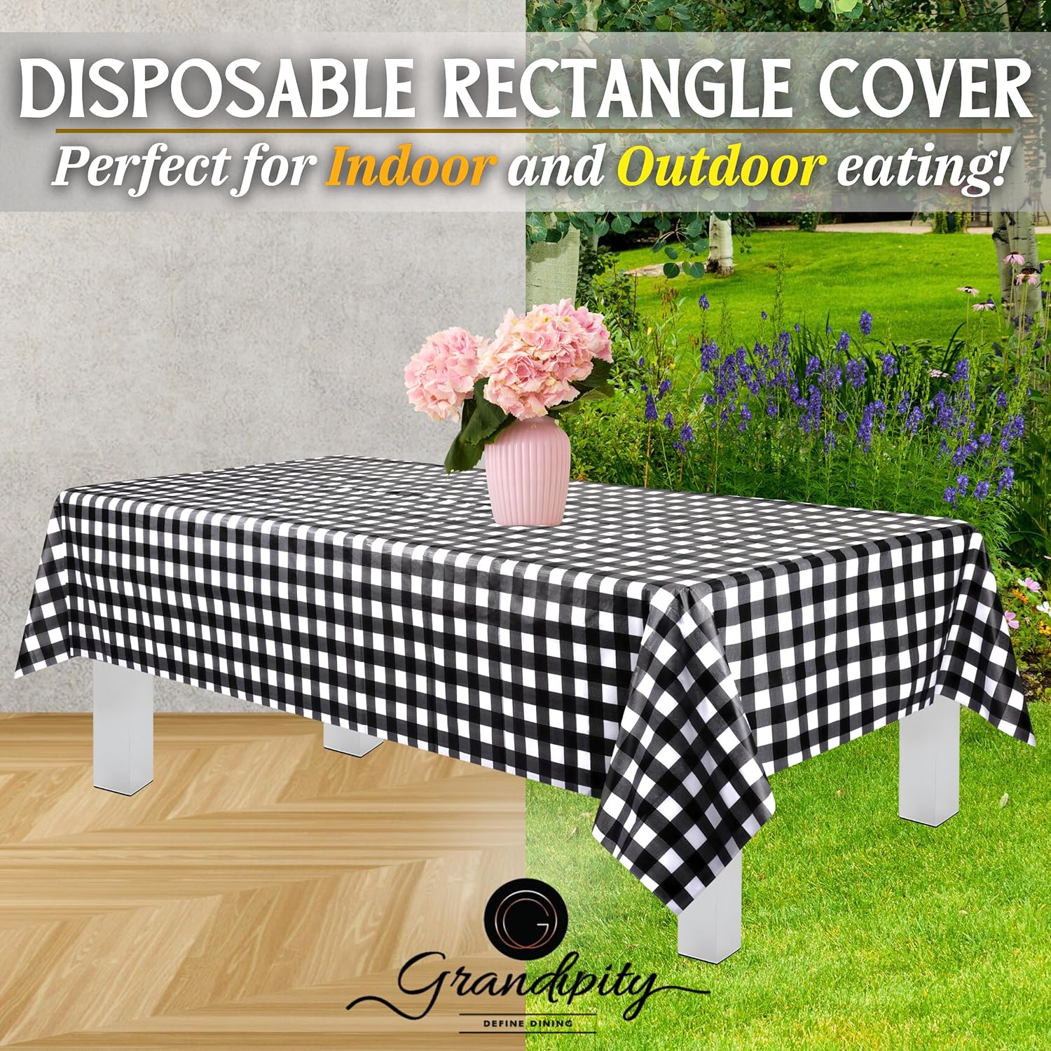Black Gingham Checkered Premium Rectangle Plastic Table Cover