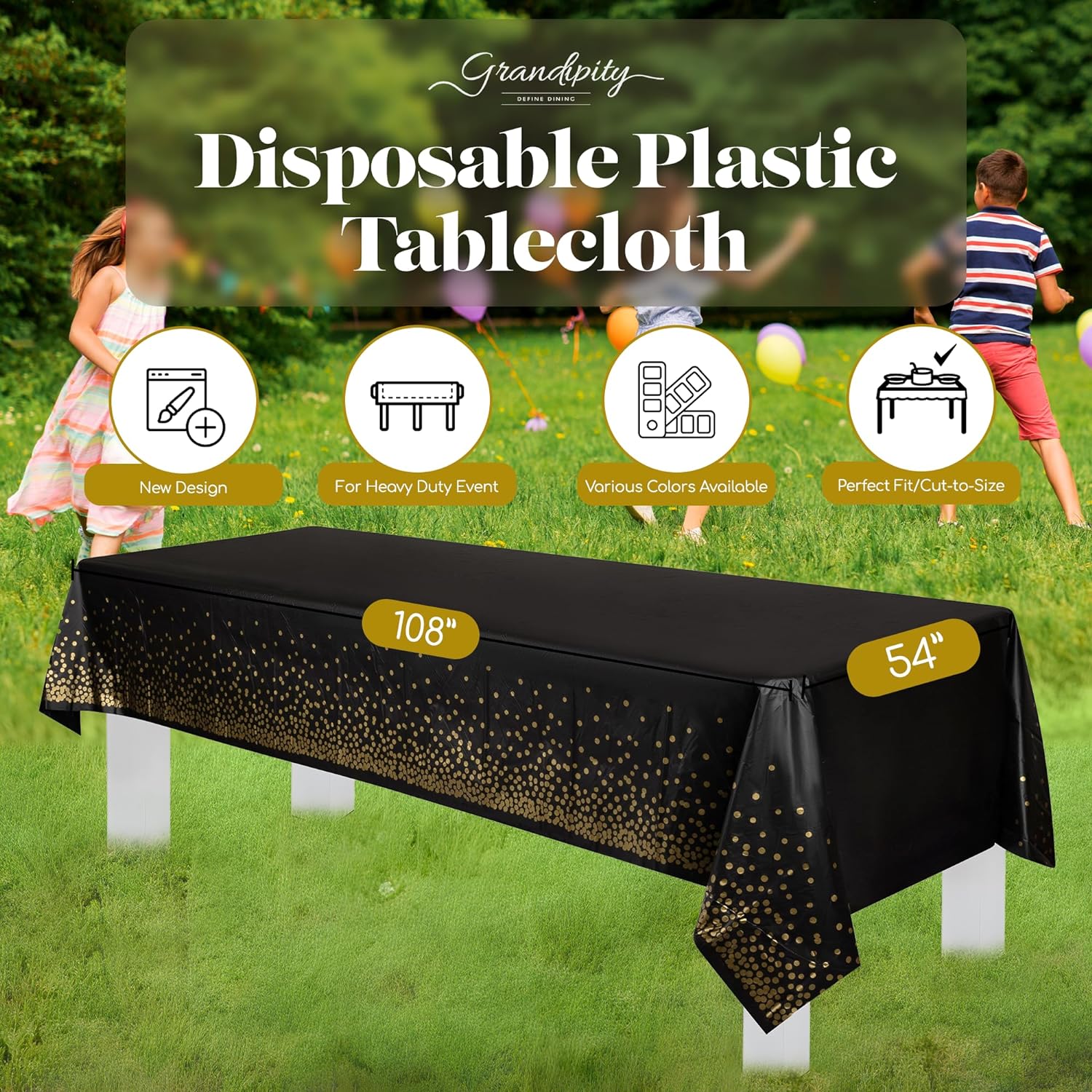 Gold Dot Black Premium Rectangle Disposable Plastic Table Cover