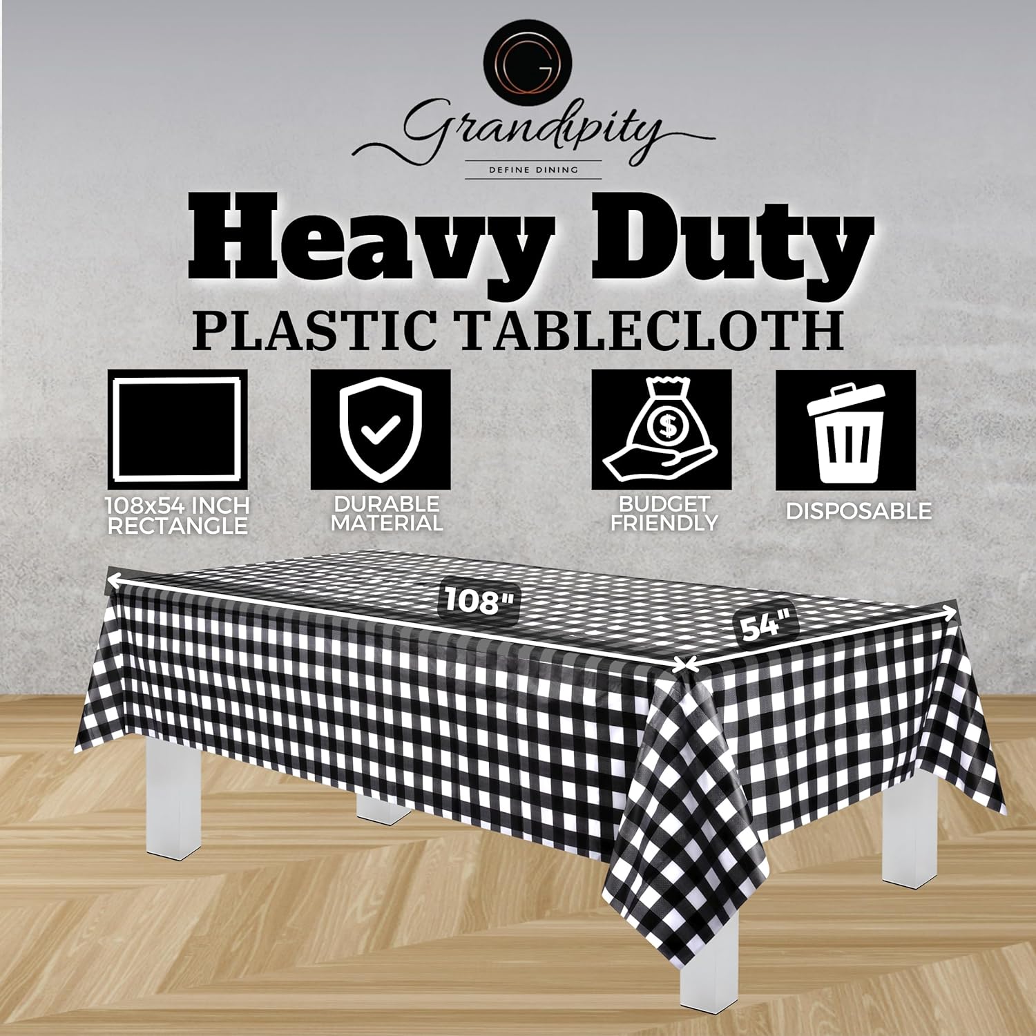 Black Gingham Checkered Premium Rectangle Plastic Table Cover