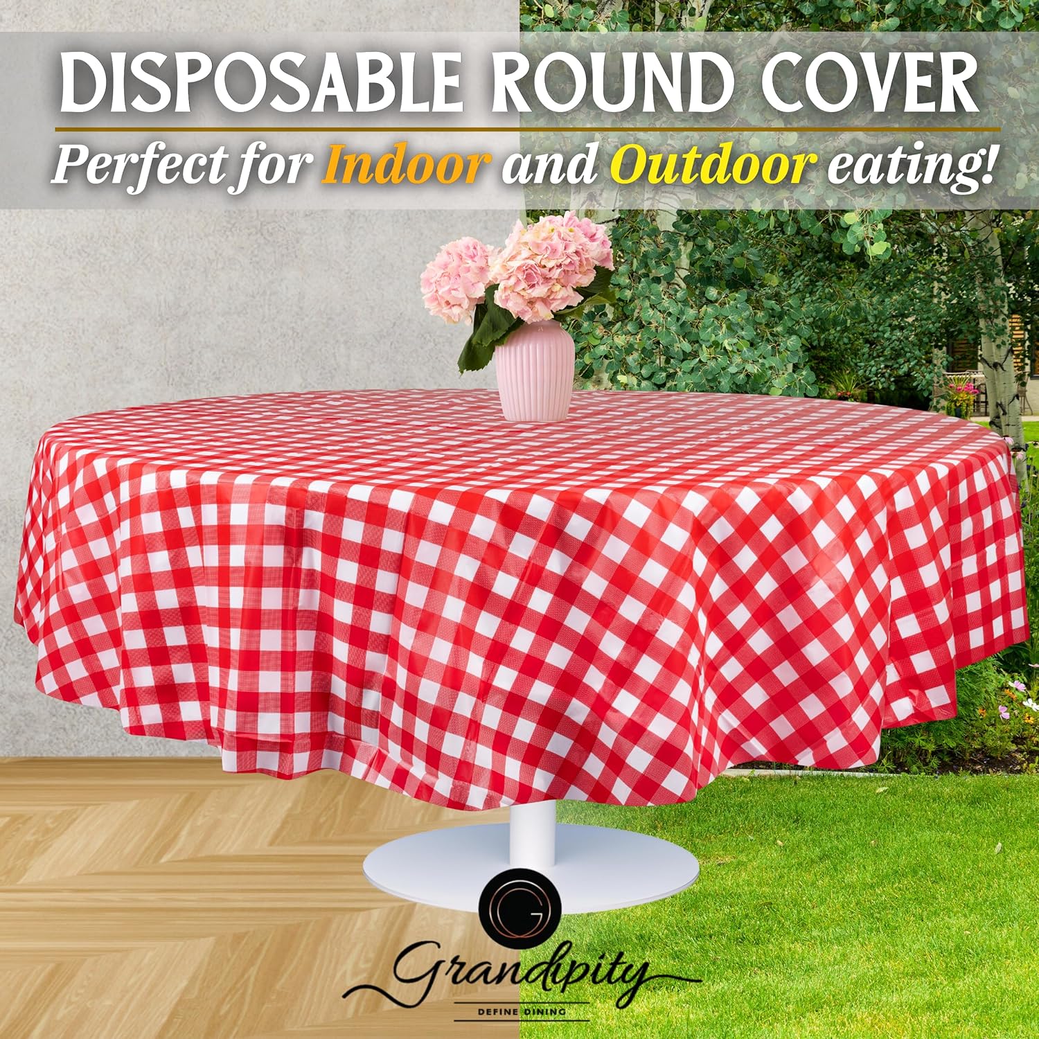 Red Gingham Premium Round Disposable Plastic Table Cover