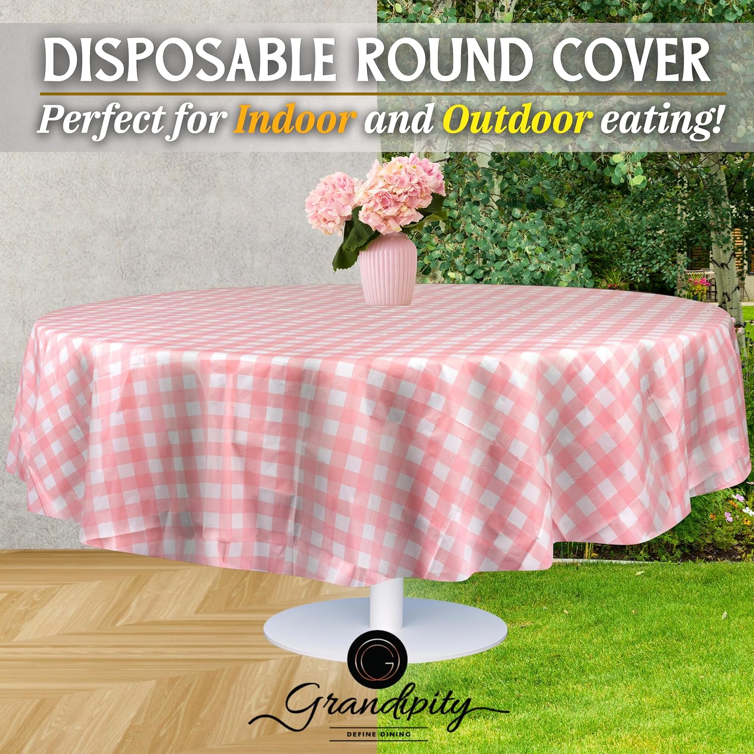 Pink Checkered Gingham Premium Round Plastic Table Cover