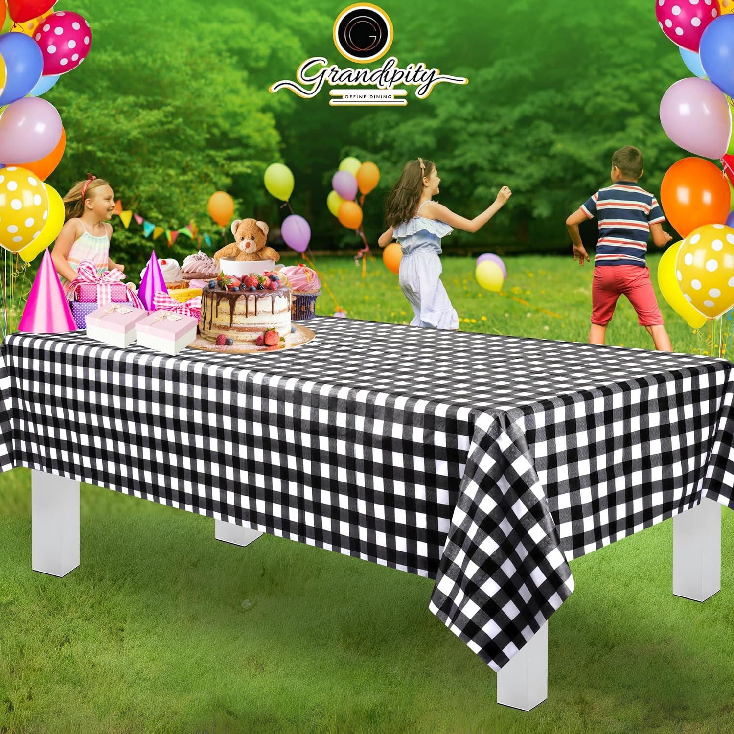 Black Gingham Checkered Premium Rectangle Plastic Table Cover