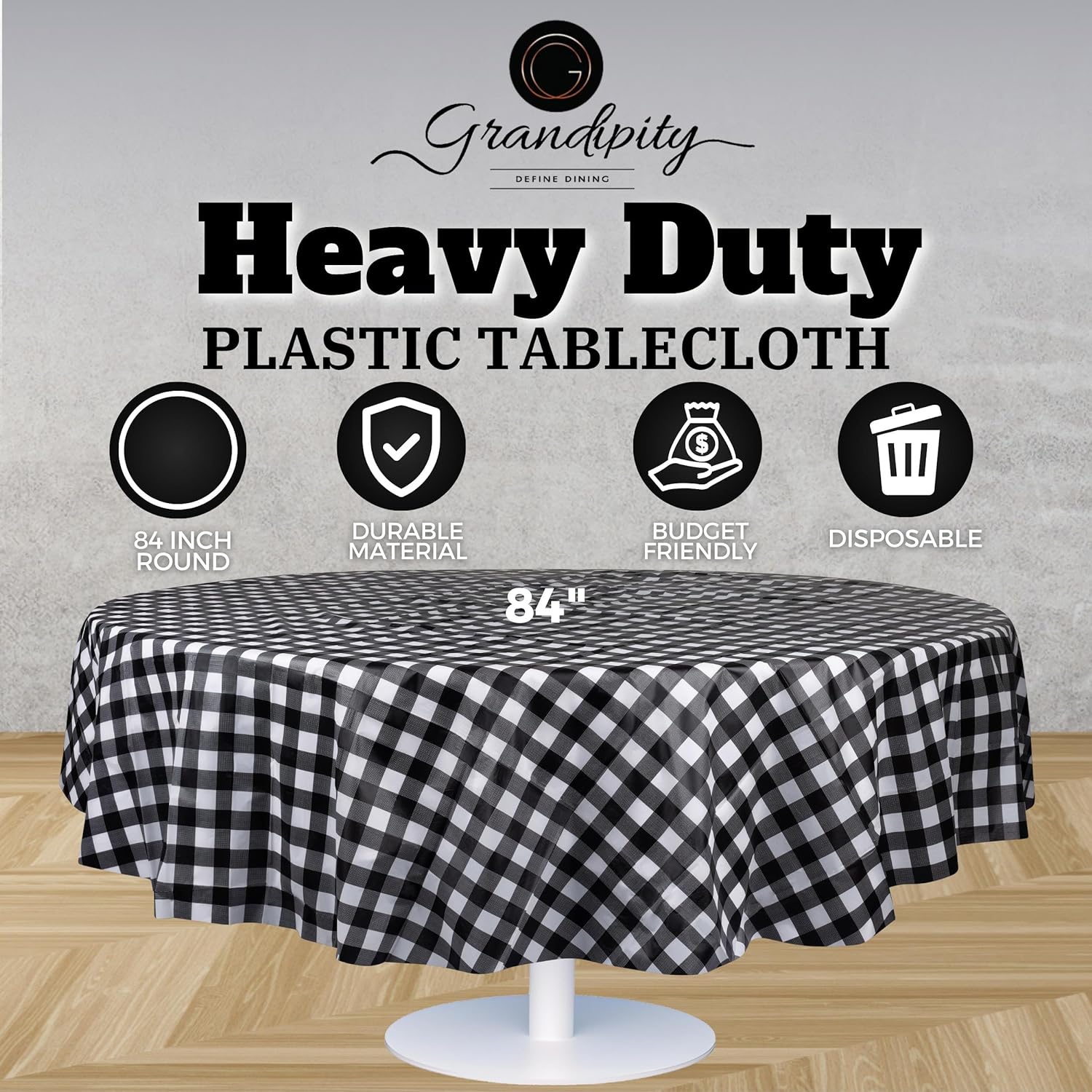 Black Gingham Premium Round Plastic Table Cover