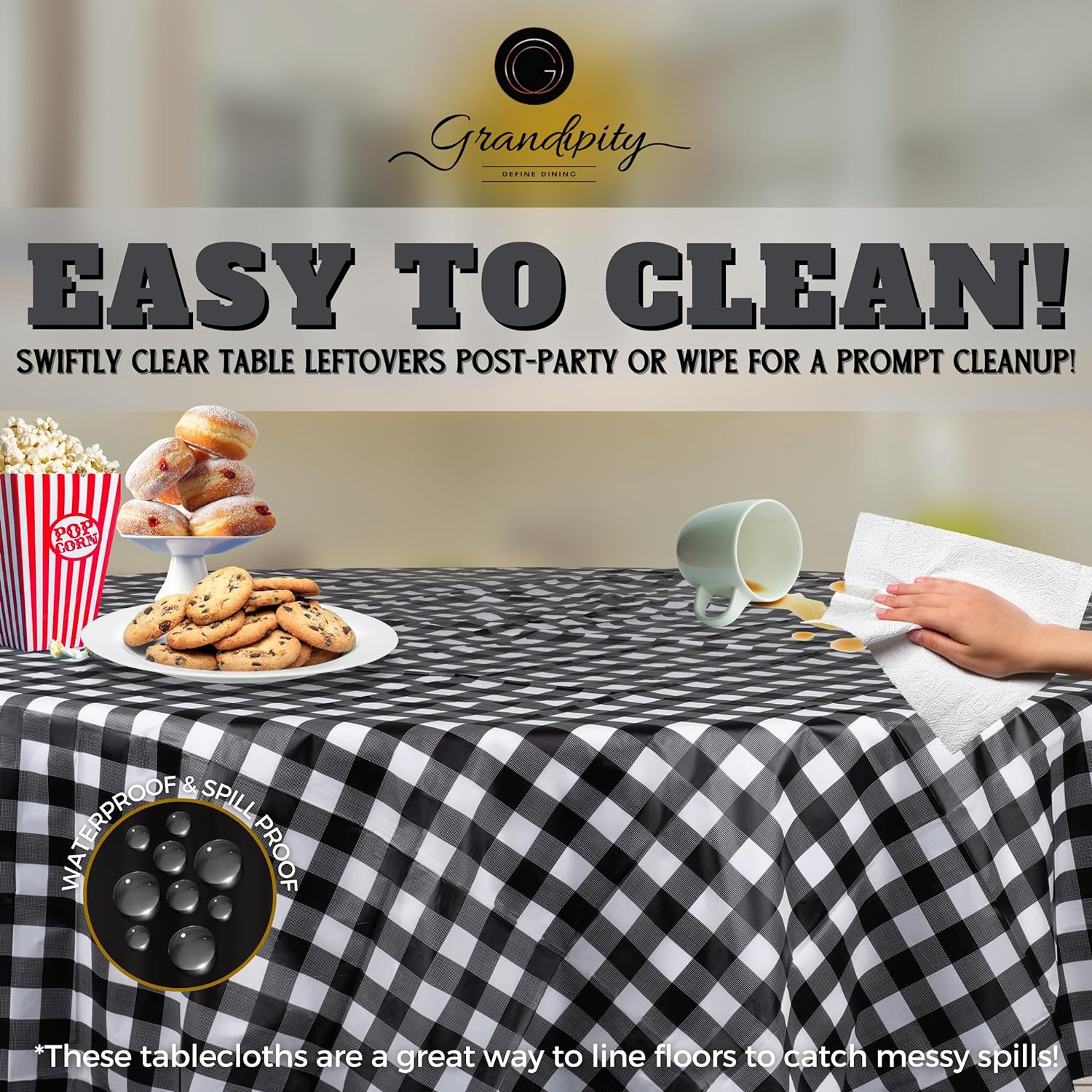 Black Gingham Premium Round Plastic Table Cover