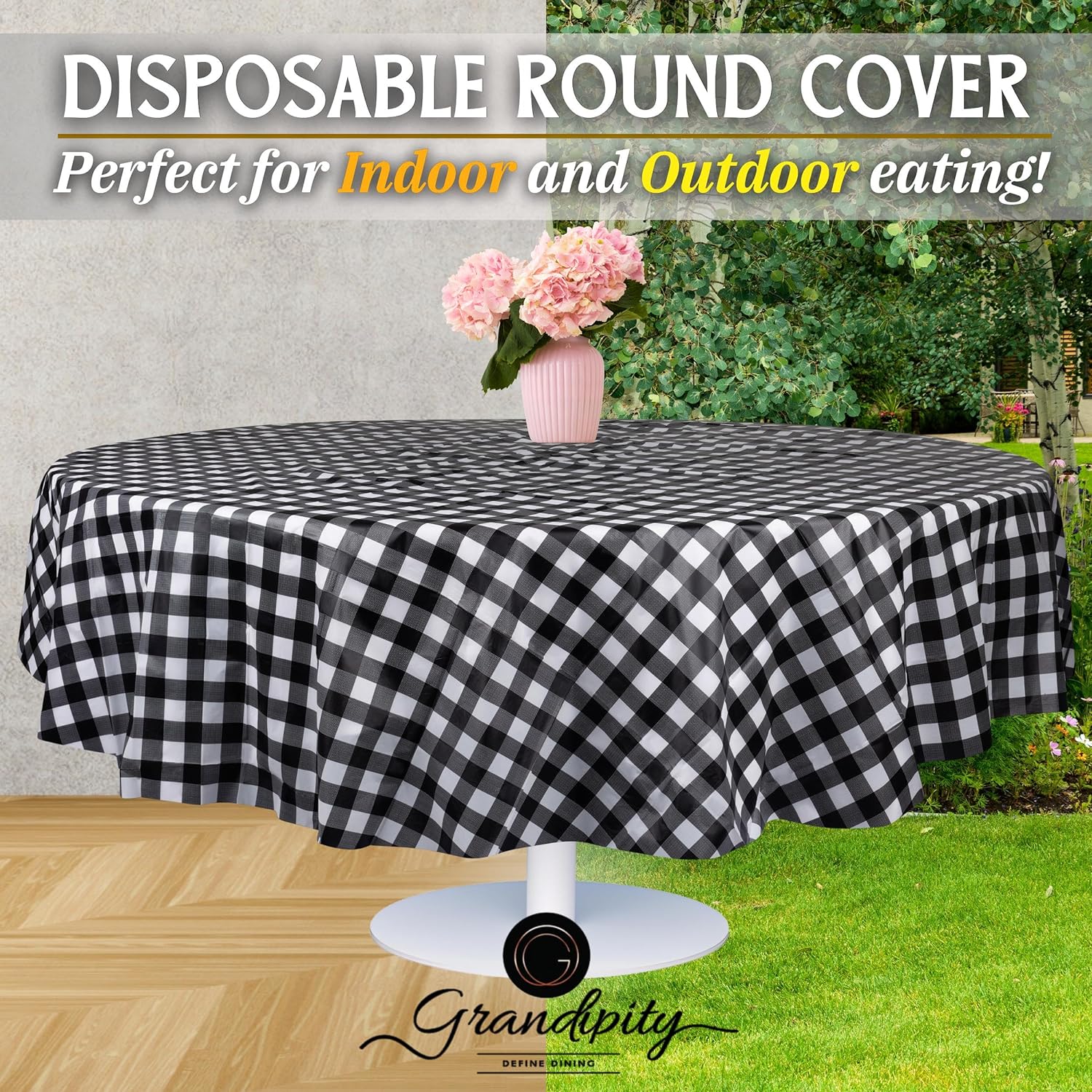 Black Gingham Premium Round Plastic Table Cover