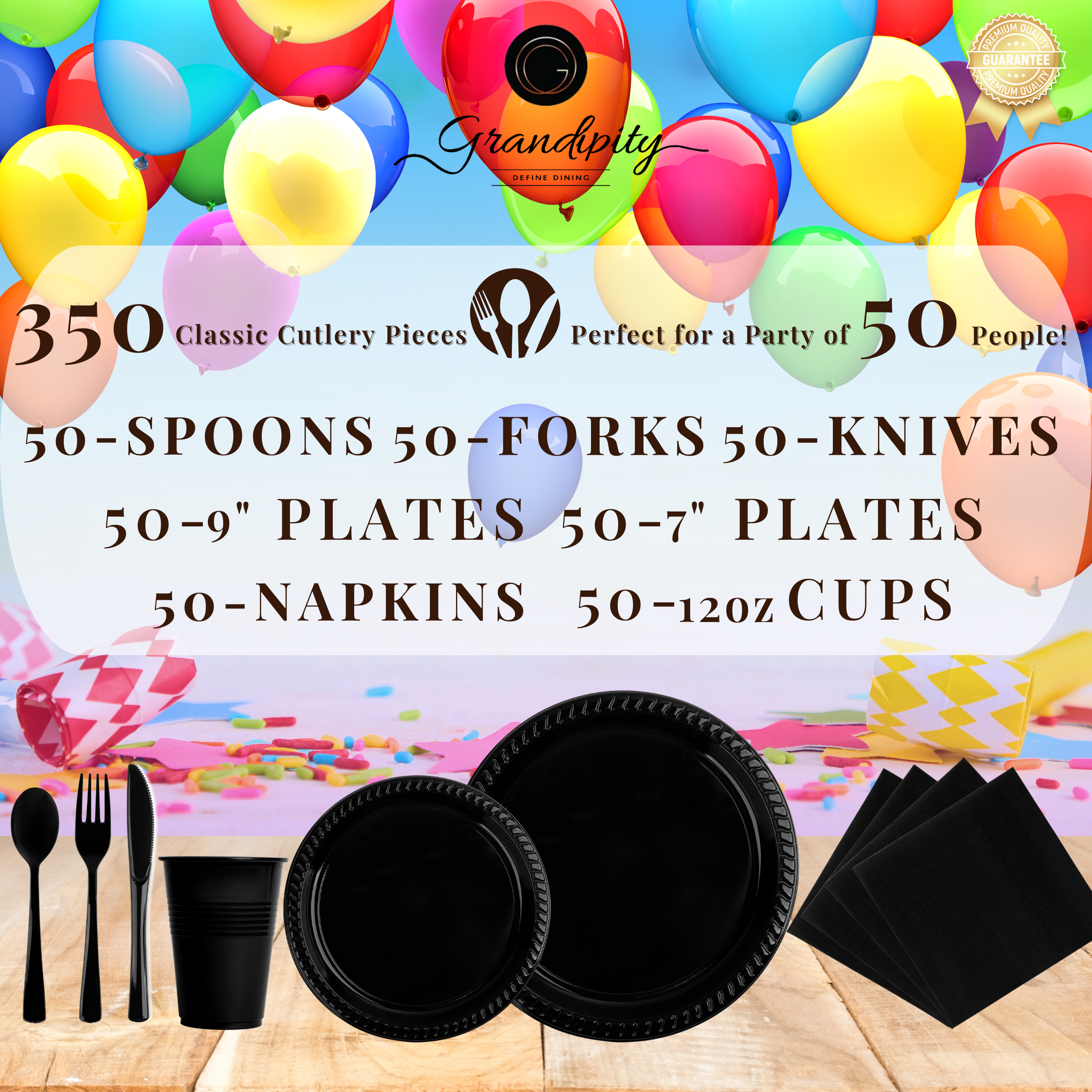 350 Pcs Black Party Plastic Dinnerware Set