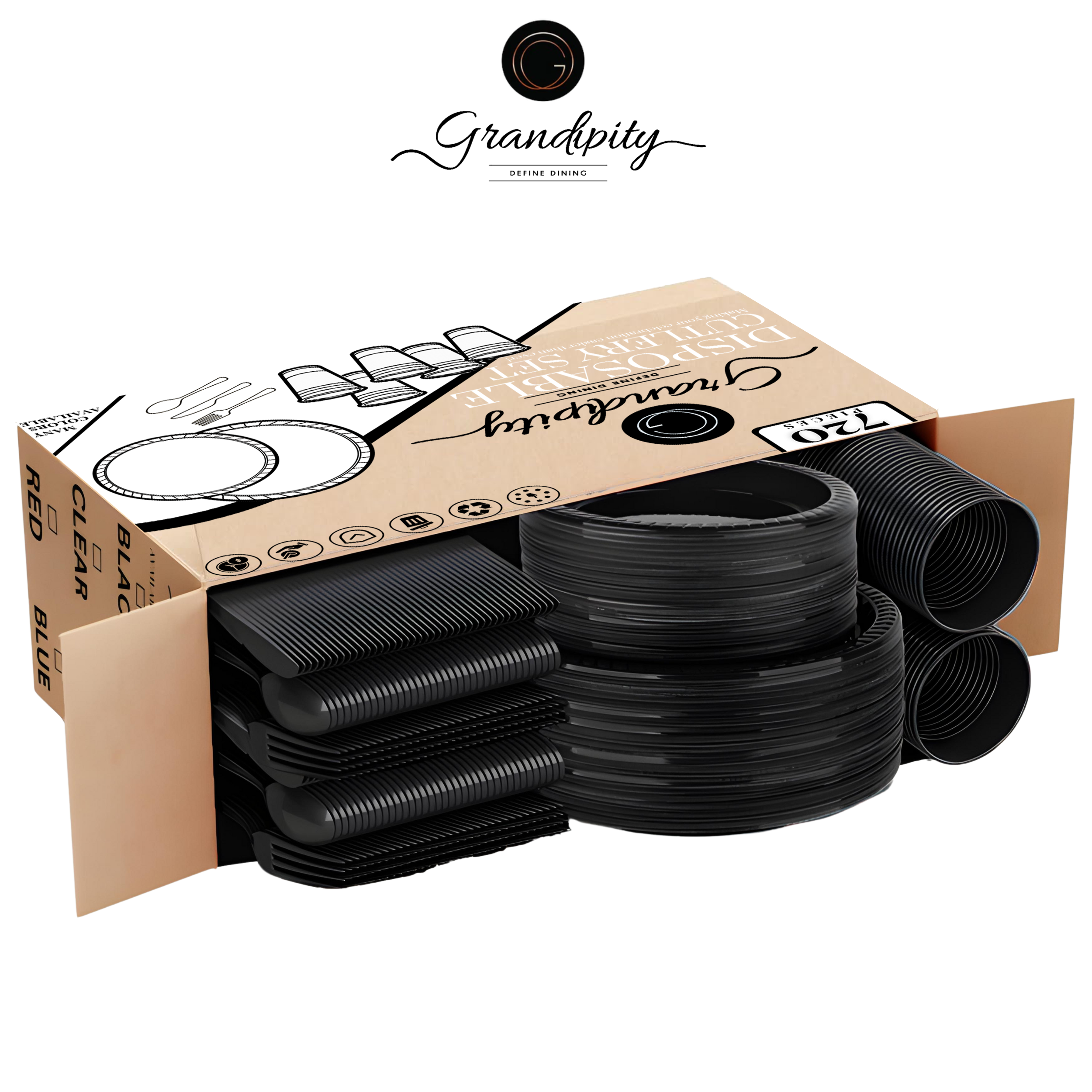 350 Pcs Black Party Plastic Dinnerware Set