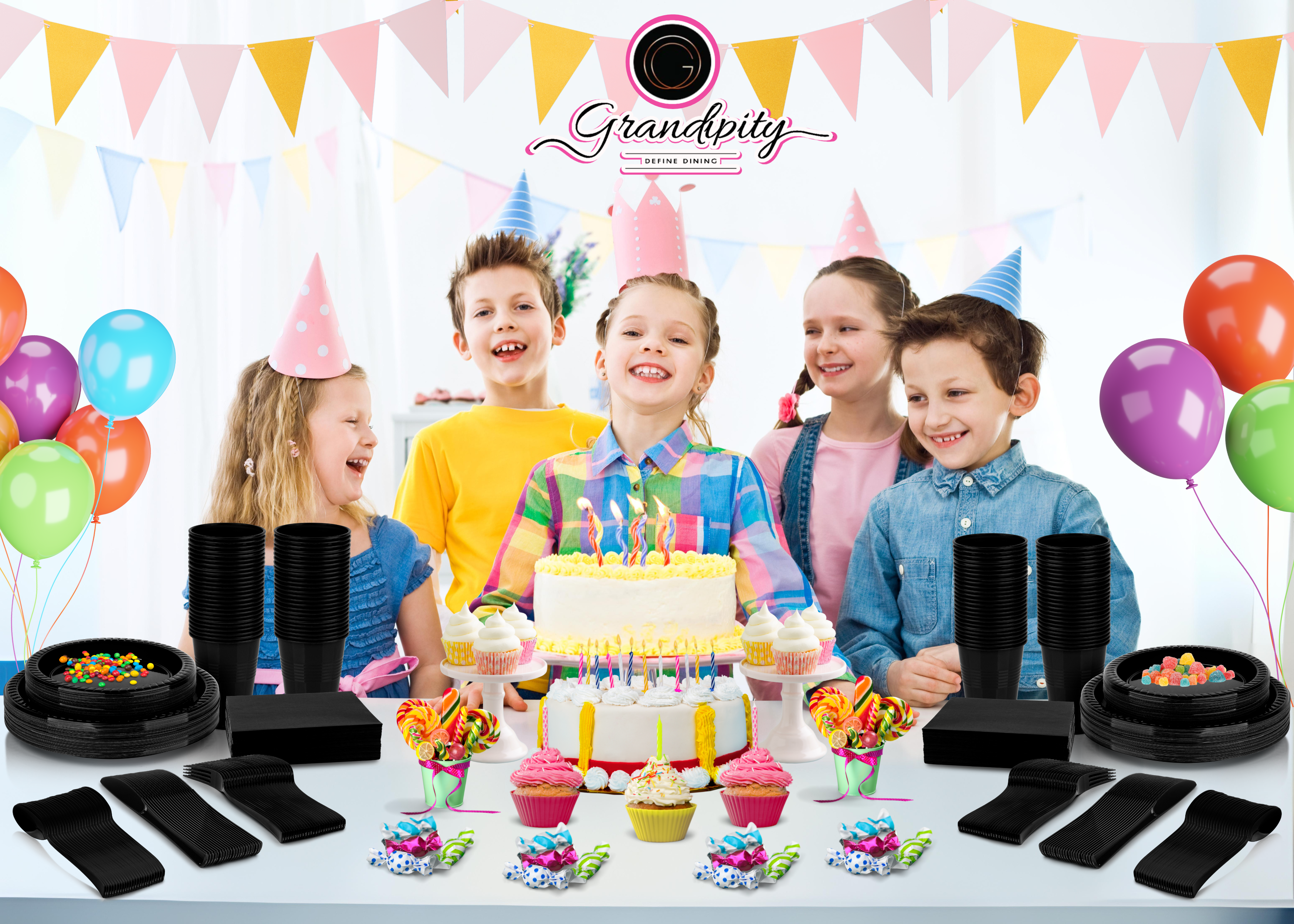 350 Pcs Black Party Plastic Dinnerware Set