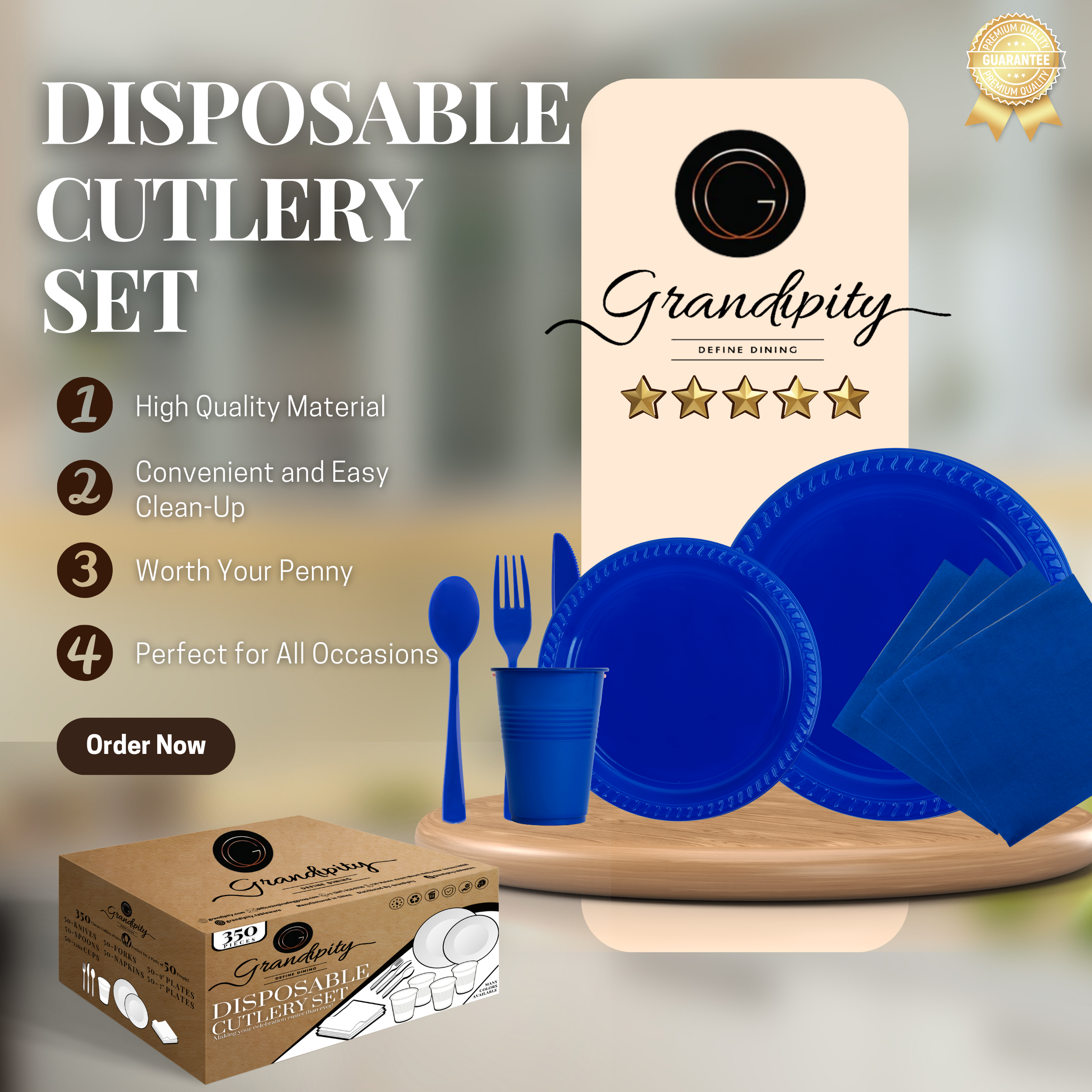 Blue Grandipity 350 Pcs Plastic Disposable Dinnerware Set Includes