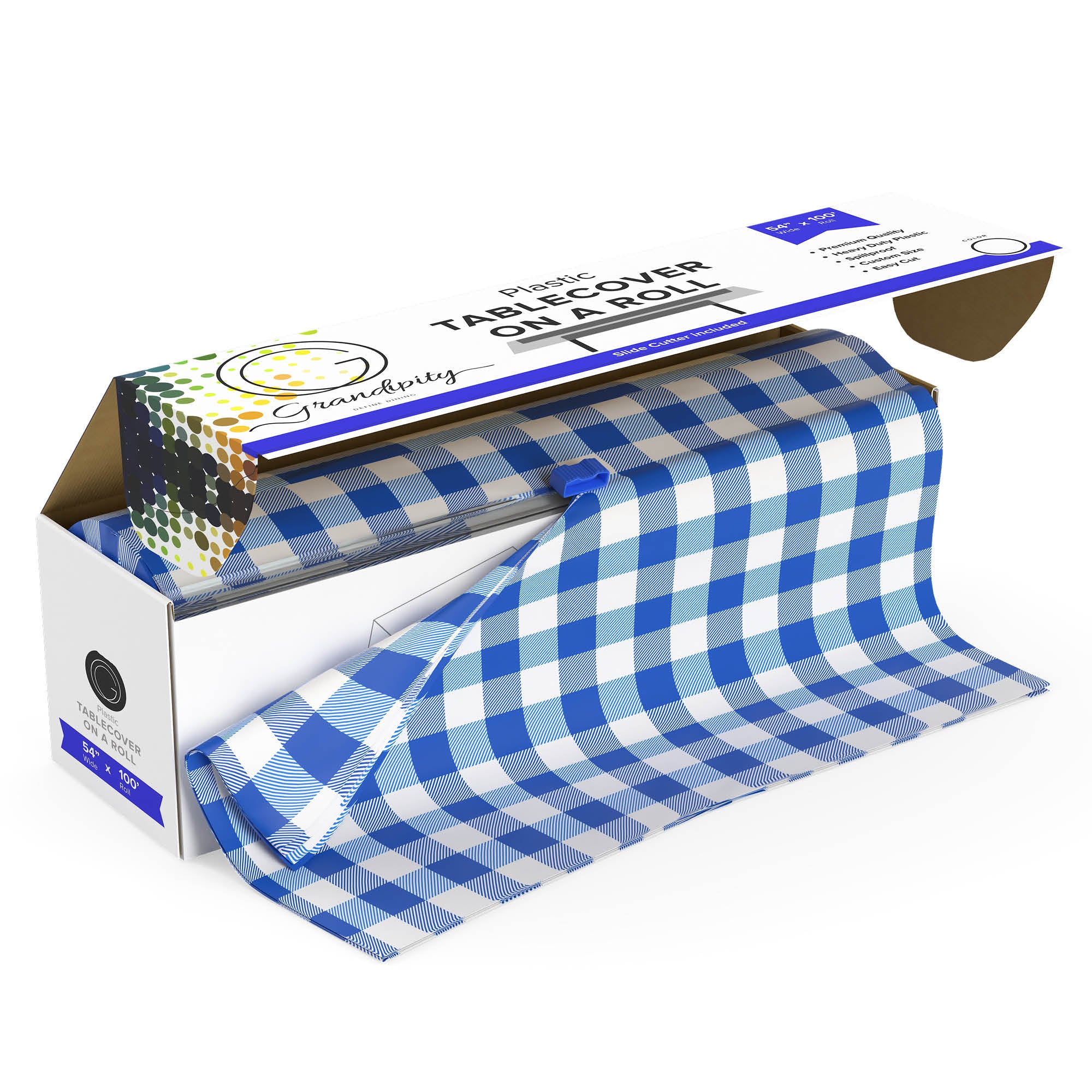 Blue Gingham Self-Cutting Plastic Table Cover Roll